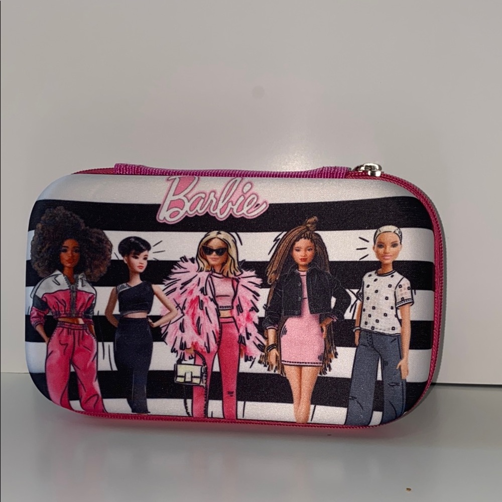 Barbie Girls Pencil Box Striped Pink & Black Durable Cosmetic‎ Bag/Case w/ Pens